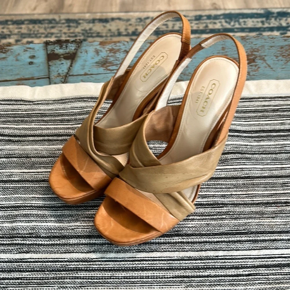 Coach Astor Platform Slingback Heels Tan Leather Strappy Sandals Size 8 - Picture 2 of 6